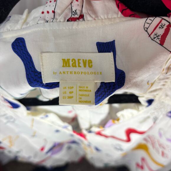 Anthropologie Maeve Marisol Ruffled Blouse 6P Ski Print Button Front snow - Picture 4 of 7